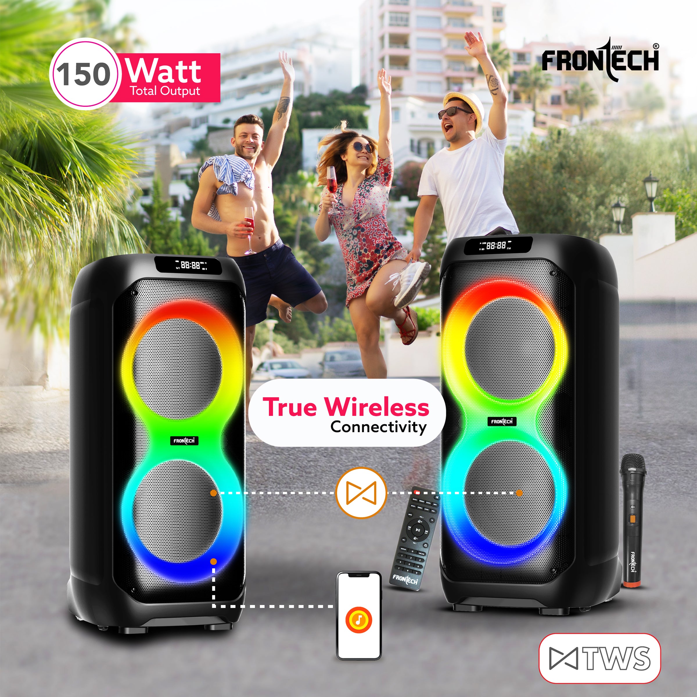 FRONTECH Smash PRO-95P Multimedia Bluetooth Speaker | 150W Output | RGB Lights | Wireless Mic & Karaoke | Dual 10 FRONTECH Smash PRO-95P Multimedia Bluetooth Speaker | 150W Output | RGB Lights | Wireless Mic & Karaoke | Dual 10